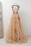 A Line Scoop Sleeveless Open Back Appliques Tulle Prom Dress with Hand-Made Flowers