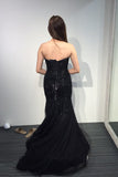 Black Strapless Sweetheart Sparkly Mermaid Tulle Prom Dresses with Sweep Train N401