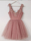 A Line V-Neck Blush Pink Appliques Sleeveless Tulle Homecoming Dresses N218