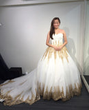 Princess Ball Gown Strapless Court Train White Tulle Wedding Dress with Gold Lace