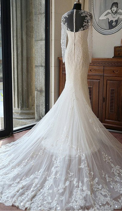 Ivory Long Sleeves Mermaid Lace Appliques Tulle Wedding Dresses with Train N390