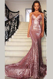 Gorgeous Rose Gold Spaghetti Straps V-neck Mermaid Sequins Sweep Train Prom Dress,N404