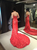 Red Strapless Trumpet Court Train Lace Evening Dresses N441