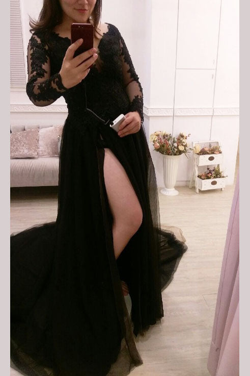 Sexy Black Split Tulle Lace Appliques Long Sleeves Sweep Train Prom Dress,N449
