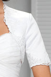 White Appliqued Short Sleeve Satin Bridal Shrug Satin Short Sleeves Wedding Jacket JK009