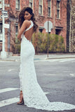 Sexy Mermaid Jewel Lace Backless Wedding Dresses With Court Train