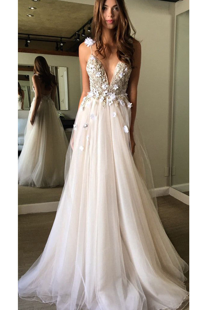 Floral Prom Dress,Open Back Prom Dress,Deep V-neck Prom Dresses,Straps Prom Gown,Tulle Appliques Prom Dress,A-line Custom Made Evening Dress