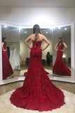 Sexy Trumpet Red Strapless Sweep Train Lace Prom Dress,Long Formal Gown,N434