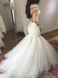 Mermaid Wedding Dresses with Long Sleeves V Neck Long Bridal Dresses with Lace Appliques N1436