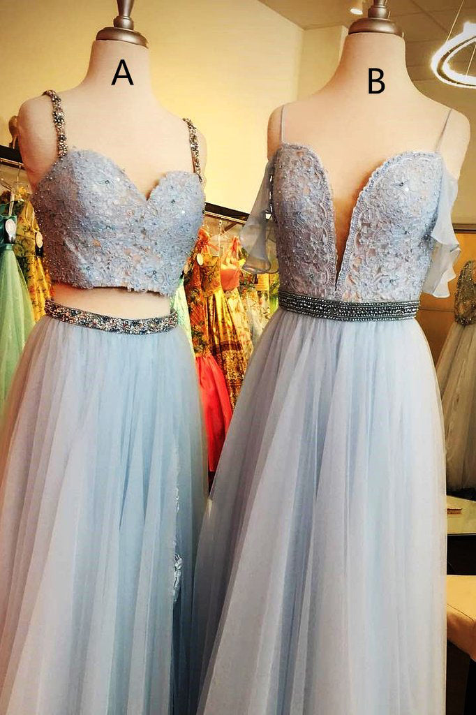 Light Blue Straps Mismatched Lace Tulle Prom Dresses Floor Length Evening Dresses with Beads N1262
