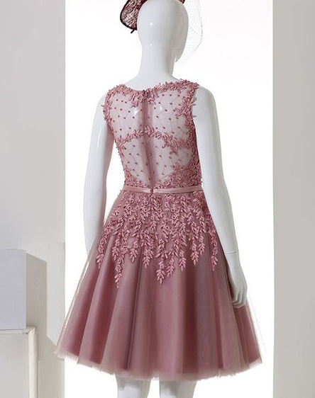 Dusty Pink Sleeveless Tulle Lace Appliques Homecoming Dresses