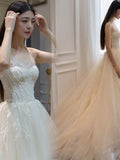 Ivory Spaghetti Straps Appliques A Line Court Train Tulle Beach Wedding Dresses N1226