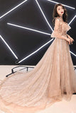 Charming Straps Flowy Tulle Lace Prom Dresses with Train A Line Evening Dresses with Ruffles N2104