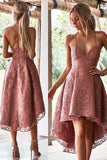 Chic White Lace High-Low Homecoming Dresses Spaghetti Straps Lace Homecoming Gown N2186