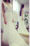 Deep V Neck Sleeveless Mermaid Lace Wedding Gown With Deep V Back Long Lace Bridal Dresses N1088
