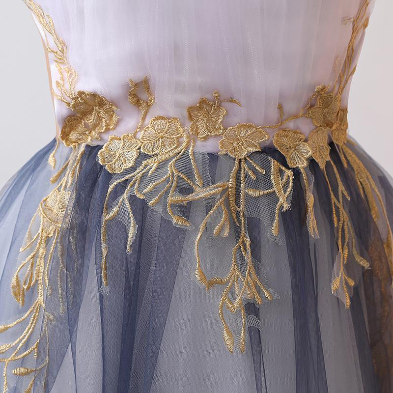 A Line Halter Tulle Prom Dresses With Applique Ombre Sexy Backless Formal Dresses N1139