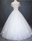 White Princess Off Shoulder Tulle Wedding Dresses Floor Length Appliqued Bridal Dresses N1118