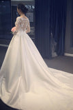 Elegant A Line V-Neck Appliques Long Sleeves Wedding Dresses With Chapel Train N1227