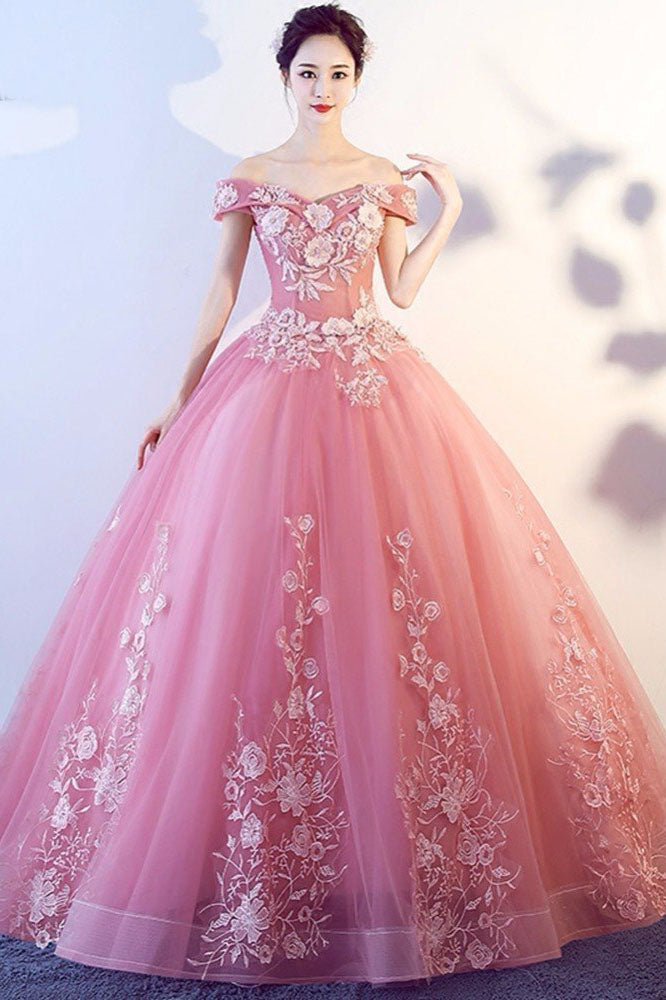 Floor Length Off-the-Shoulder Short Sleeves Appliques Tulle Quinceanera Dress N1225