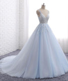 Elegant V-Neck Sleeveless Ball Gown Lace Appliqued Tulle Light Blue Wedding Dresses
