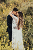 Ivory Boho Wedding Dresses with Batwing Sleeve Lace Rustic Backless Wedding Dresses N2014