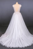 Sexy V-Neck Tulle Wedding Dresses with Lace Appliques A Line Backless Bridal Dresses N2287