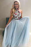 Light Sky Blue High Neck Tulle Prom Dresses with Embroidery Floor Length Evening Dresses N1178