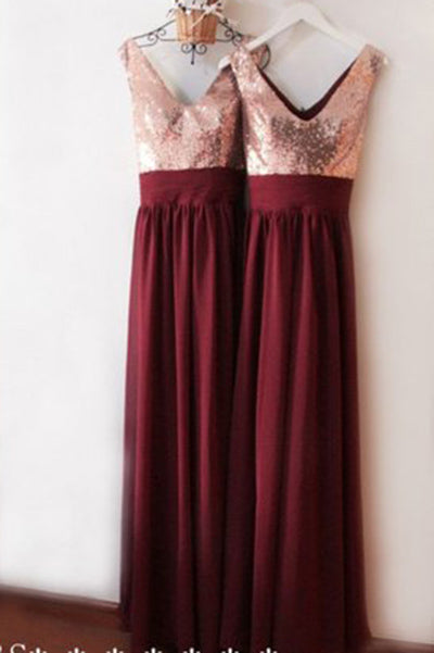 Burgundy V-Neck Floor Length Bridesmaid Dresses V-Back Rose Gold Sequin Prom Dresses N1128