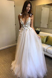 Open Back Deep V-neck Prom Dresses,Straps Tulle Appliques A-line Custom Beach Wedding Dress