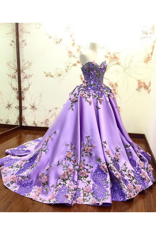Lilac Ball Gown Sweetheart Lace Appliques Gorgeous Prom Dresses