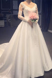 Elegant A Line V-Neck Appliques Long Sleeves Wedding Dress With Chapel Train N1227