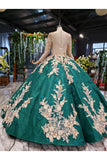 Ball Gown Long Sleeves Floor Length Prom Dress with Appliques Quinceanera Dress N2385