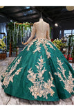 Ball Gown Long Sleeves Floor Length Prom Dress with Appliques Quinceanera Dress N2385
