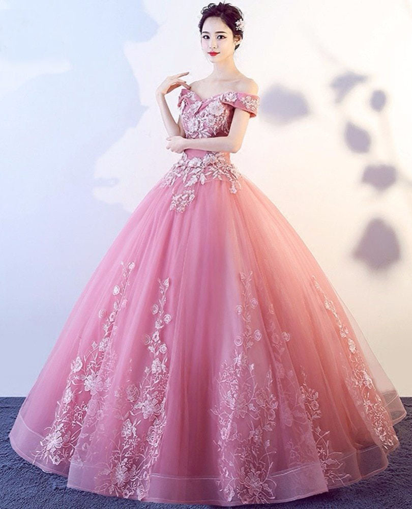 Off-the-Shoulder Appliques Tulle Quinceanera Prom Dresses N1225