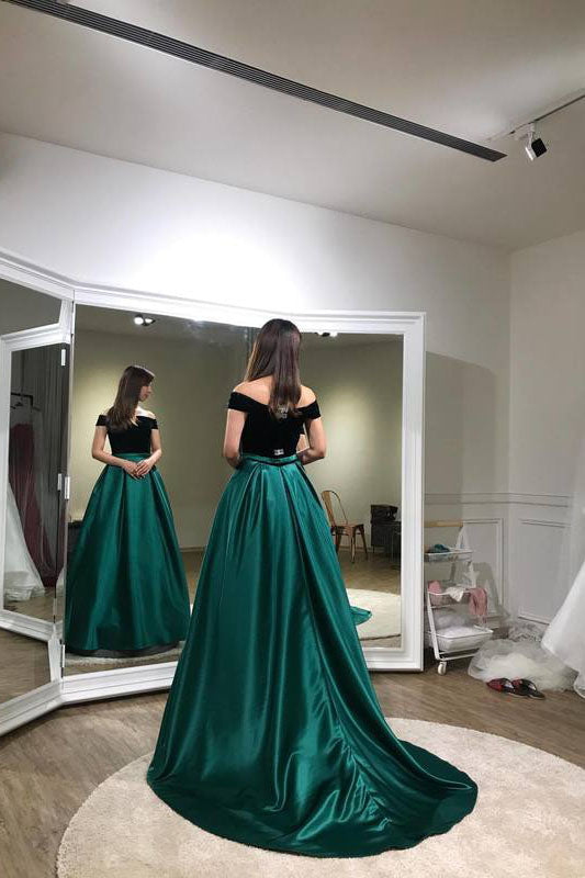 A Line Dark Green Off-the-Shoulder Sweep Train Evening Dress N435