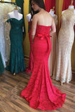 Elegant Sweetheart Mermaid Red Lace Long Prom Dresses with Sash Bridesmaid Dresses N795