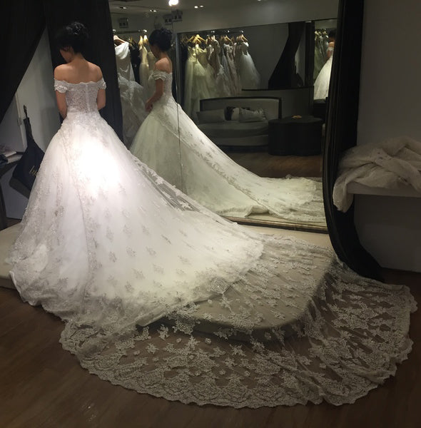 Gorgeous Ball Gown Off-the-shoulder Chapel Train Lace Wedding Dresses Bridal Dresses N467