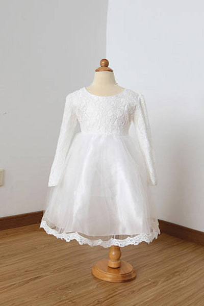 A Line Long Sleeves Ivory Lace Tulle Flower Girl Dresses with Lace Edge and Bowknot F021