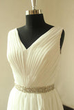 Ivory V-Neck Sleeveless Pleated Slit Chiffon Summer Beach Wedding Dresses with Beading N964