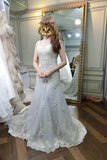 Light Gray Cap Sleeveless Lace Appliques Open Back Prom Dress with Beads,N439