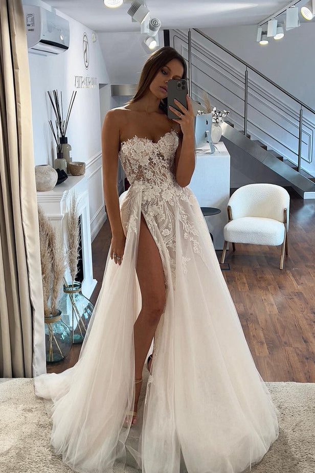 Charming A Line Sweetheart Tulle Wedding Dresses with Slit N083