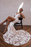 Luxurious Mermaid V Neck Lace Wedding Dresses with Slit N100