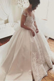 Fascinating Satin Sheer Neckline Ball Gown Wedding Dress With Appliques Bowknot N1381