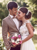 Romantic Off White Sheer Neck Cap Sleeve Chiffon Bridal Dress with Lace Applique N653