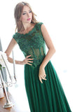 A Line Dark Green Cap Sleeve Appliques Chiffon Beading Long Prom Dress N644