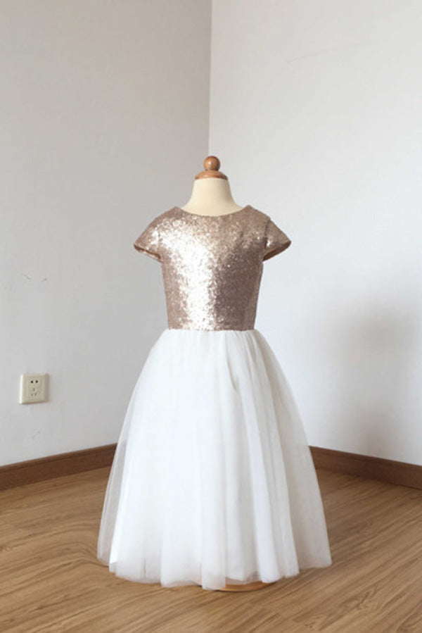 A Line Cheap Cap Sleeves Matte Champagne Sequin Ivory Tulle Floor Length Flower Girl Dress 