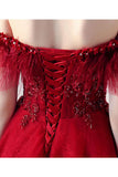 Burgundy Off the Shoulder Knee Length Homecoming Dresses with Beading A Line Dresses N2188