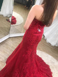 Sexy Trumpet Red Strapless Sweep Train Lace Prom Dresses N434