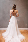 Spaghetti Straps Sleeveless Sweep Train Lace Beach Wedding Dress with Beading Waist,N464