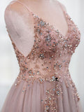 Dusty Pink Spaghetti Straps Gorgeous Beading Tulle Split Prom Dresses